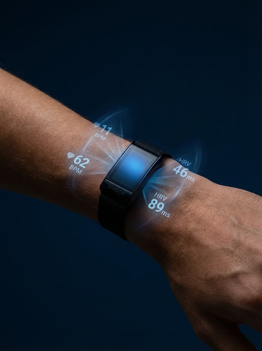 Biometric tracker on a wrist with glowing HRV and heart-rate overlays