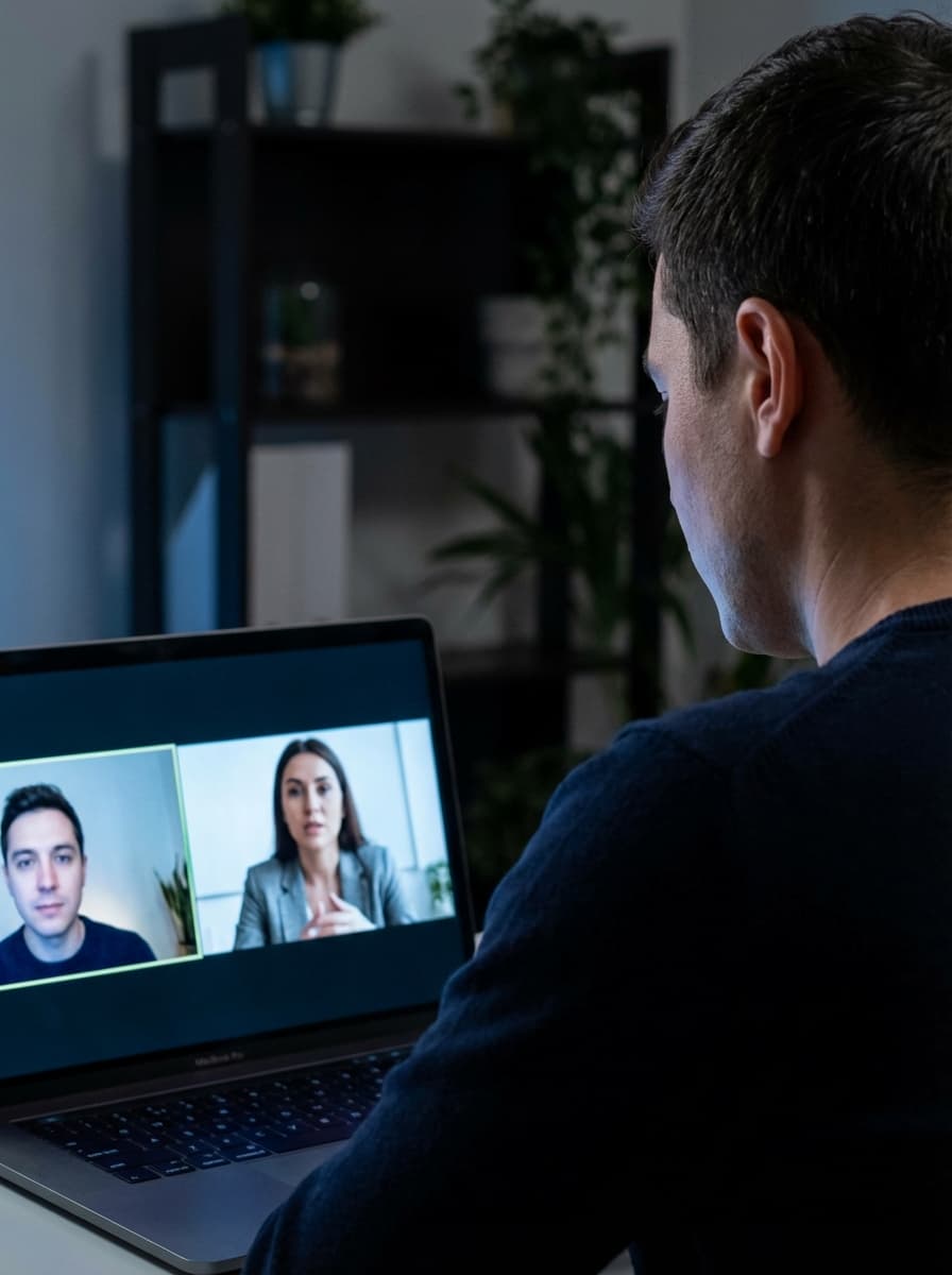 Client on a laptop video call with a coach for accountability and support