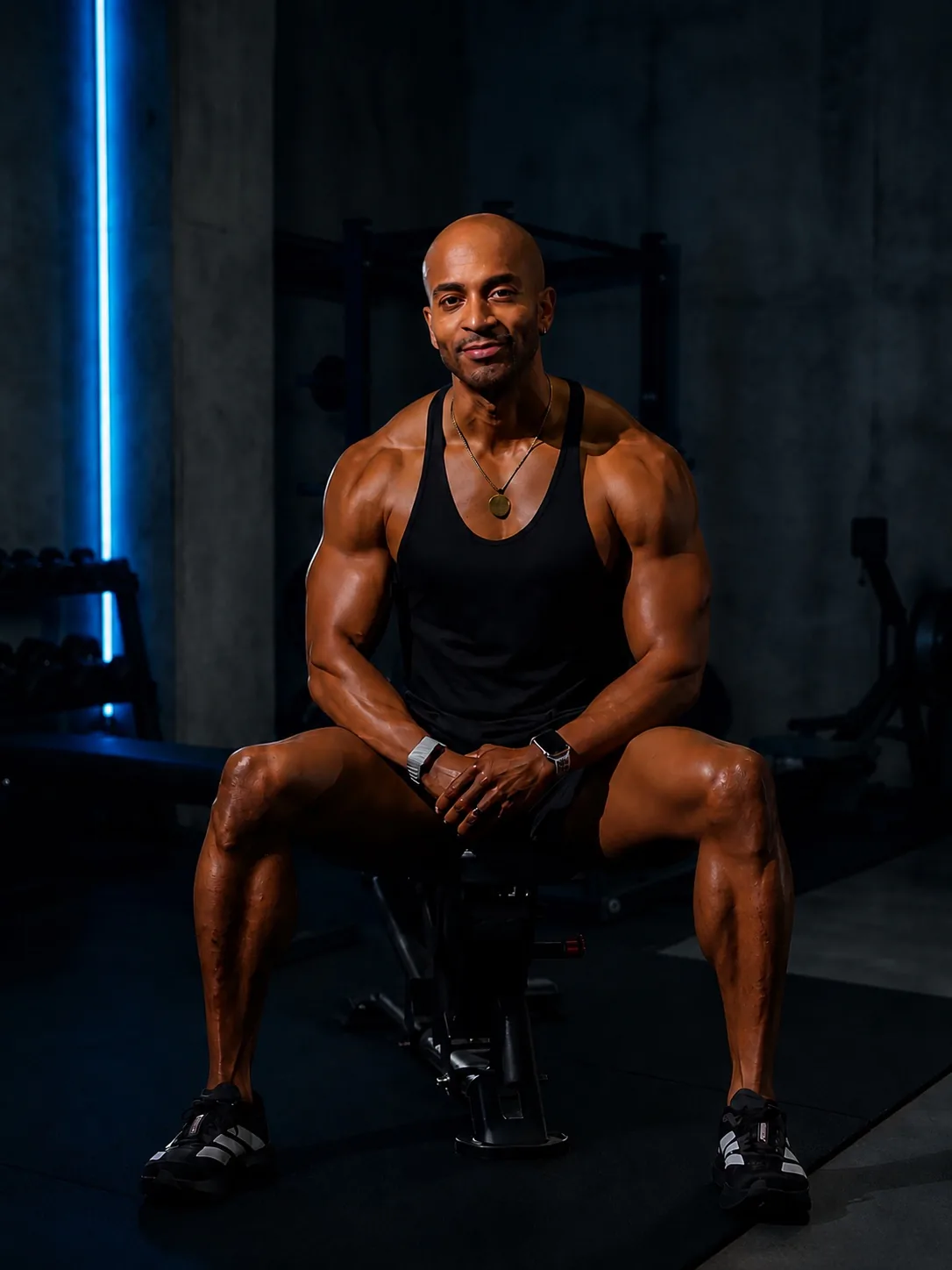 Confident athlete standing in a modern gym with dramatic blue accent lighting