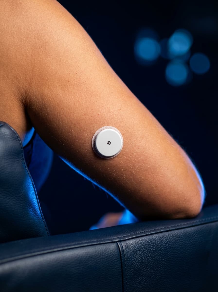 Continuous glucose monitor sensor on skin illuminated by electric blue light