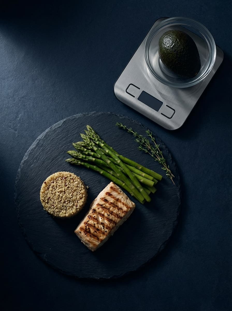Precision-prepared meal with macro nutrients visible on a dark slate surface