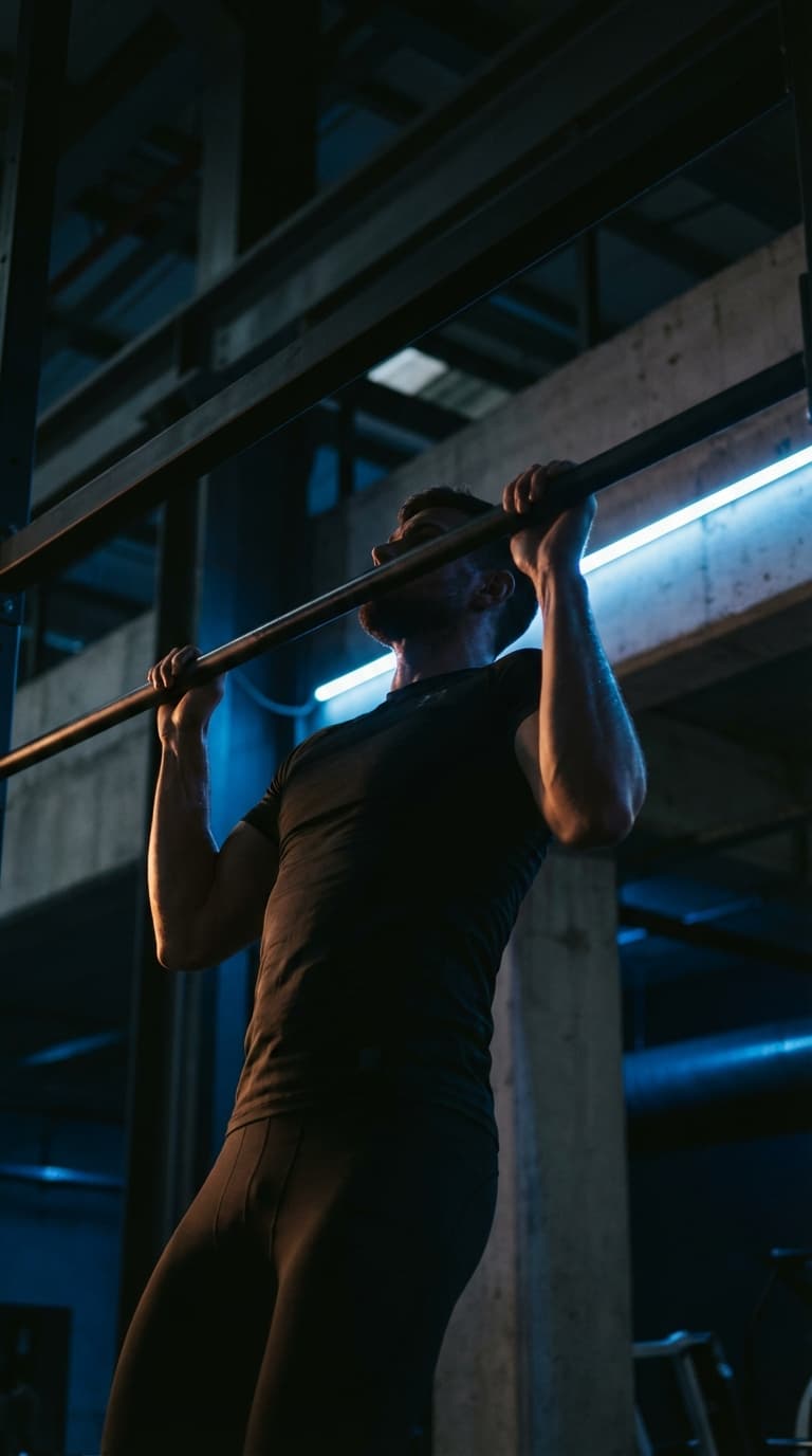 Athlete in focused training, each rep reinforcing identity transformation